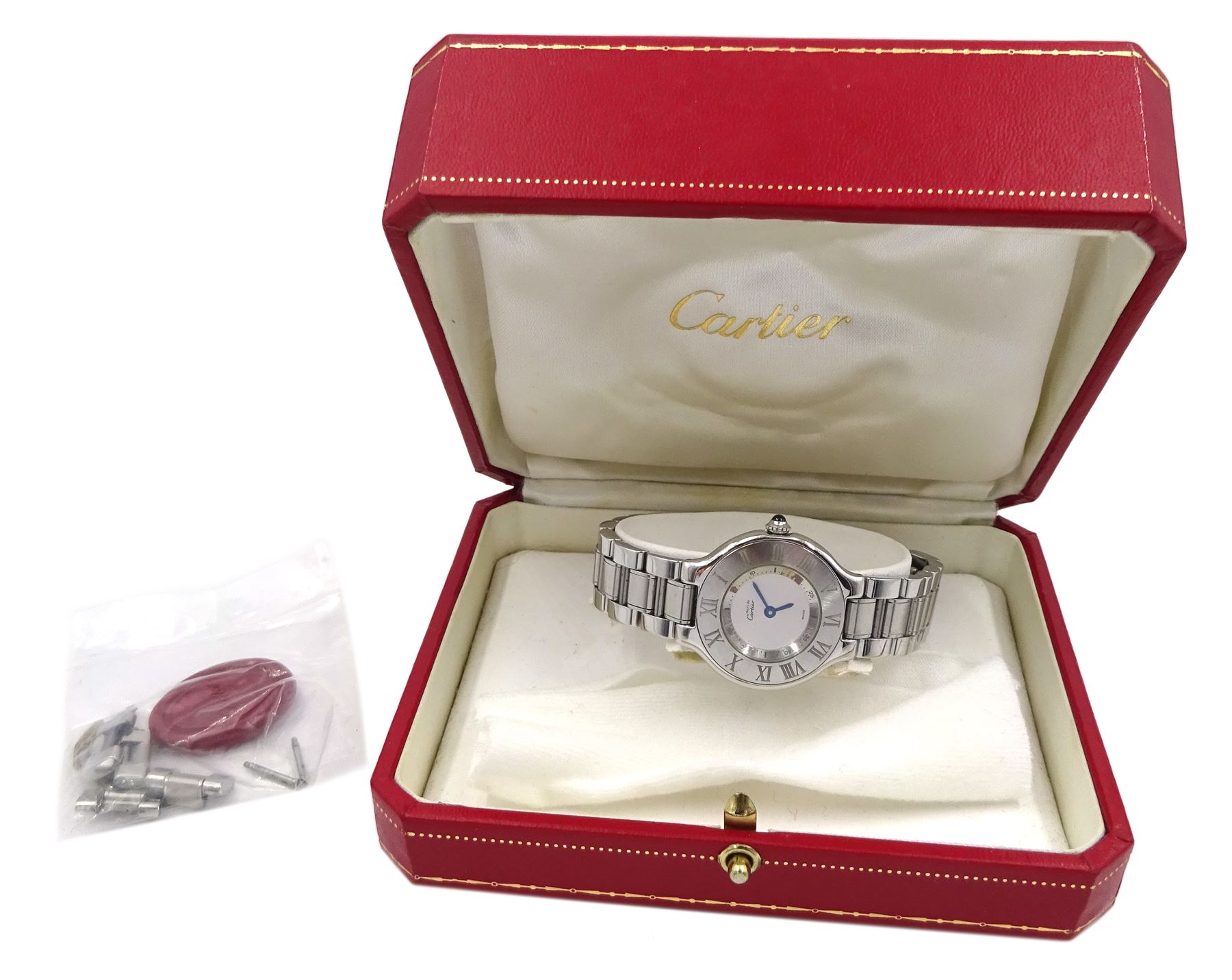 Cartier Must de Cartier 21 ladies stainless steel quartz wristwatch, Ref. 1340, serial No. PL156551, on original stainless steel strap, boxed with additional links 