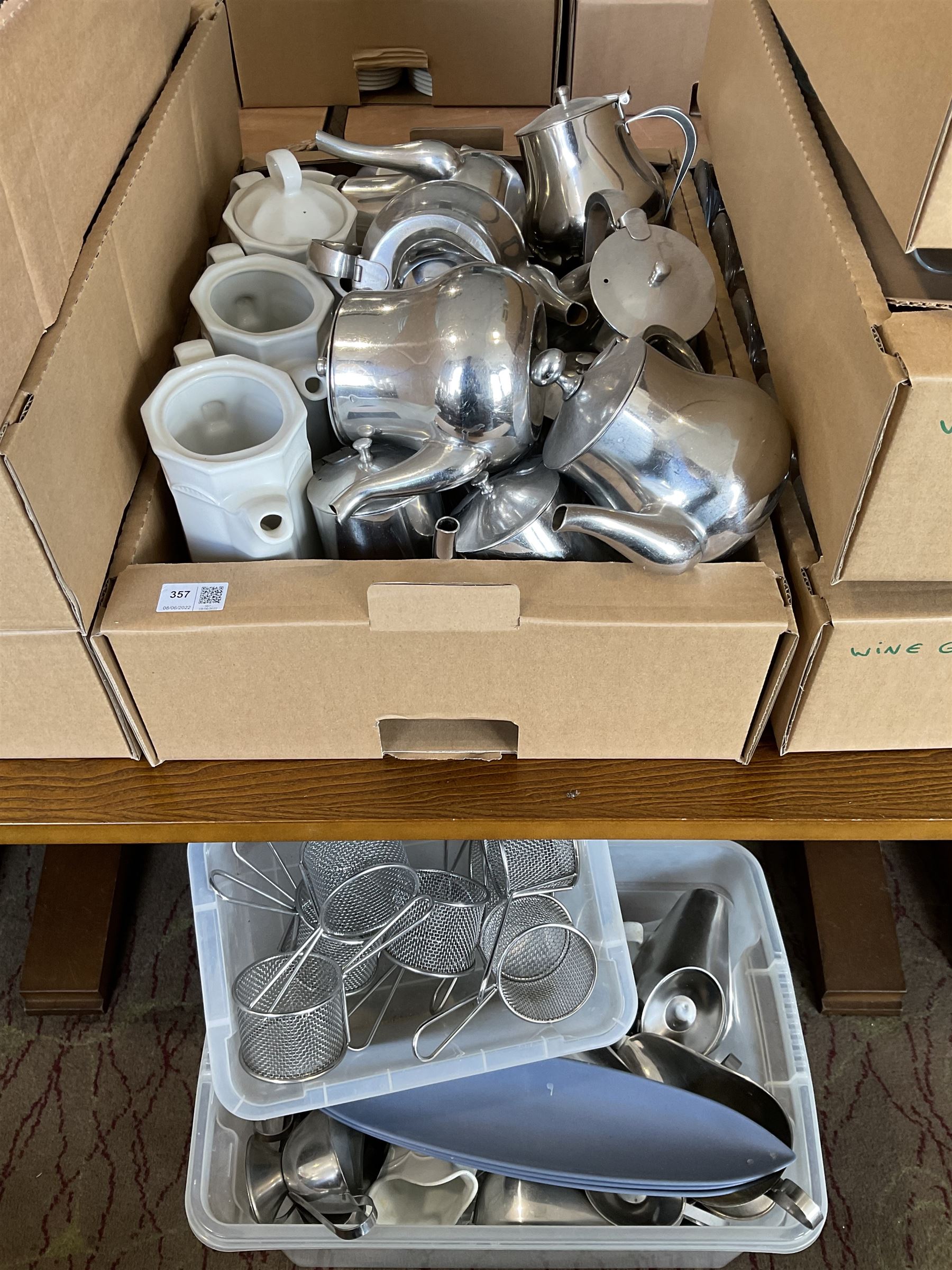 Quantity of ceramic and stainless tea pots, sauce boats, chip servers, in three boxes- LOT SUBJECT TO VAT ON THE HAMMER PRICE - To be collected by appointment from The Ambassador Hotel, 36-38 Esplanade, Scarborough YO11 2AY. ALL GOODS MUST BE REMOVED BY WEDNESDAY 15TH JUNE.