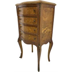 20th century French figured walnut serpentine chest, crossbanded top with moulded edge, fitted with four drawers, on cabriole supports with gilt metal foliate mounts