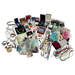 9ct gold stud, silver earrings and a collection of beaded necklaces, bracelets and other c...
