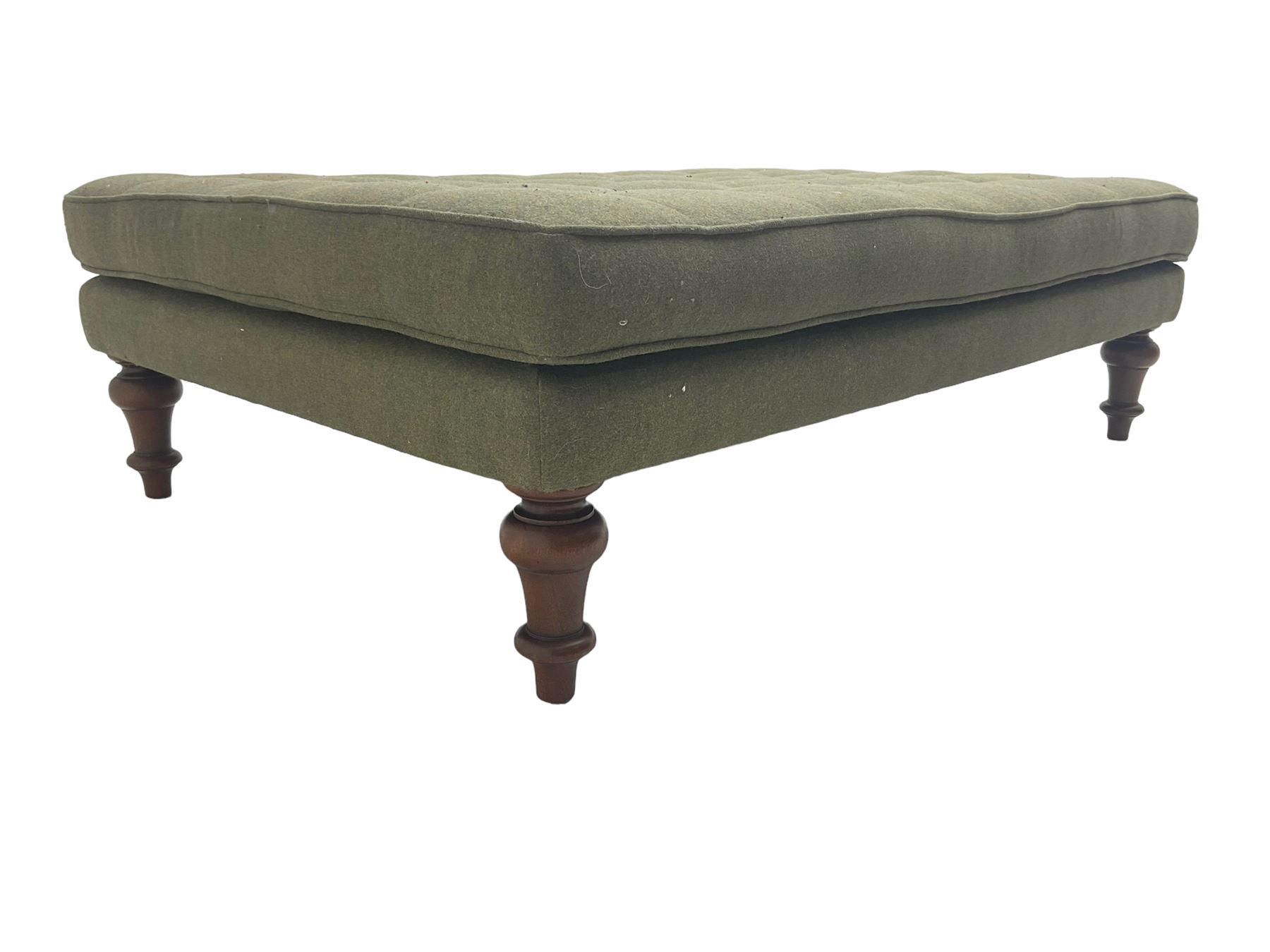 Peter Silk of Helmsley - large rectangular footstool upholstered in buttoned green tweed fabric, on turned mahogany feet