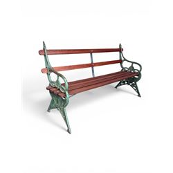Coalbrookdale - Lily Pad design cast iron an wood slatted garden bench, late 19th century Aesthetic Movement, no. 217569, distressed green paint, iron centre support and seat stretcher, hardwood slatted