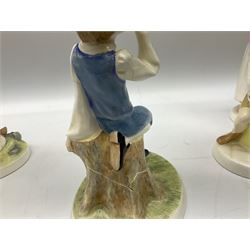 Seven Royal Doulton figures from the Nursery Rhymes Collection comprising, Tom Tom, the piper's son HN3032, Little Jack Horner HN3034, Wee Willie Winkie HN3031, Polly, put the kettle on HN3021, Little Bo-peep HN3030, Little Boy Blue HN3035, Little Miss Muffet HN2727, together with two Royal Doulton Mary had a little lamb figures HN2048 and COPR1948, all with printed marks beneath  