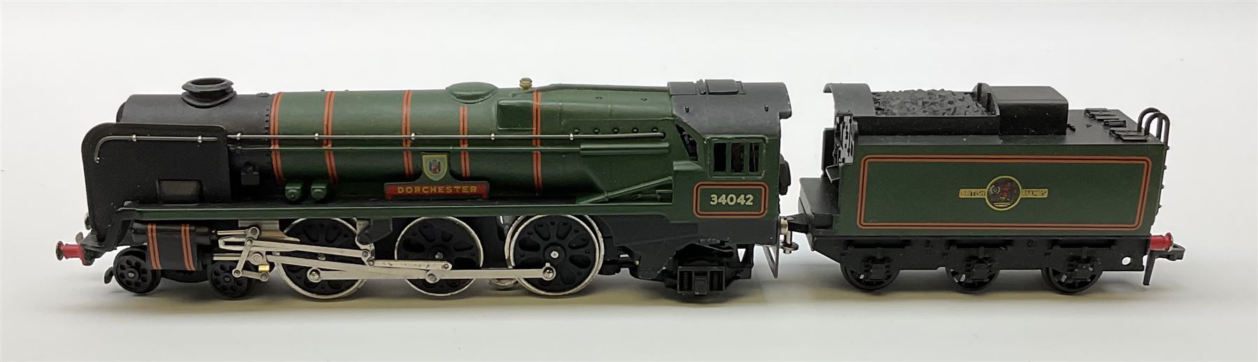 Hornby Dublo - three-rail Rebuilt West Country Class 4-6-2 locomotive 'Dorchester' No.34042 with tender, instructions and amendment sheet, guarantee and oil tube in blue striped box