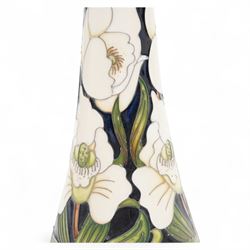 Moorcroft Buckingham Orchid pattern vase, of elongated waisted form, signed by Rachel Bishop, painted marks to base, H31cm 