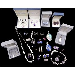 Silver jewellery including pendants and earring sets by Shipton and Co, boxed, two rings, five pendants, charm bracelet and thirteen pairs of earrings