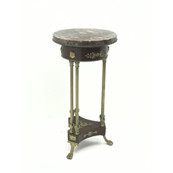  19th century Louis XVI style ormolu mounted gueridon stamped Henry Dasson 1886, overhanging varigated circular marble top with mask and foliate mounted frieze, on three pairs of leaf cast fluted supports, trefoil base on scroll cast paw feet D40cm, H79cm  