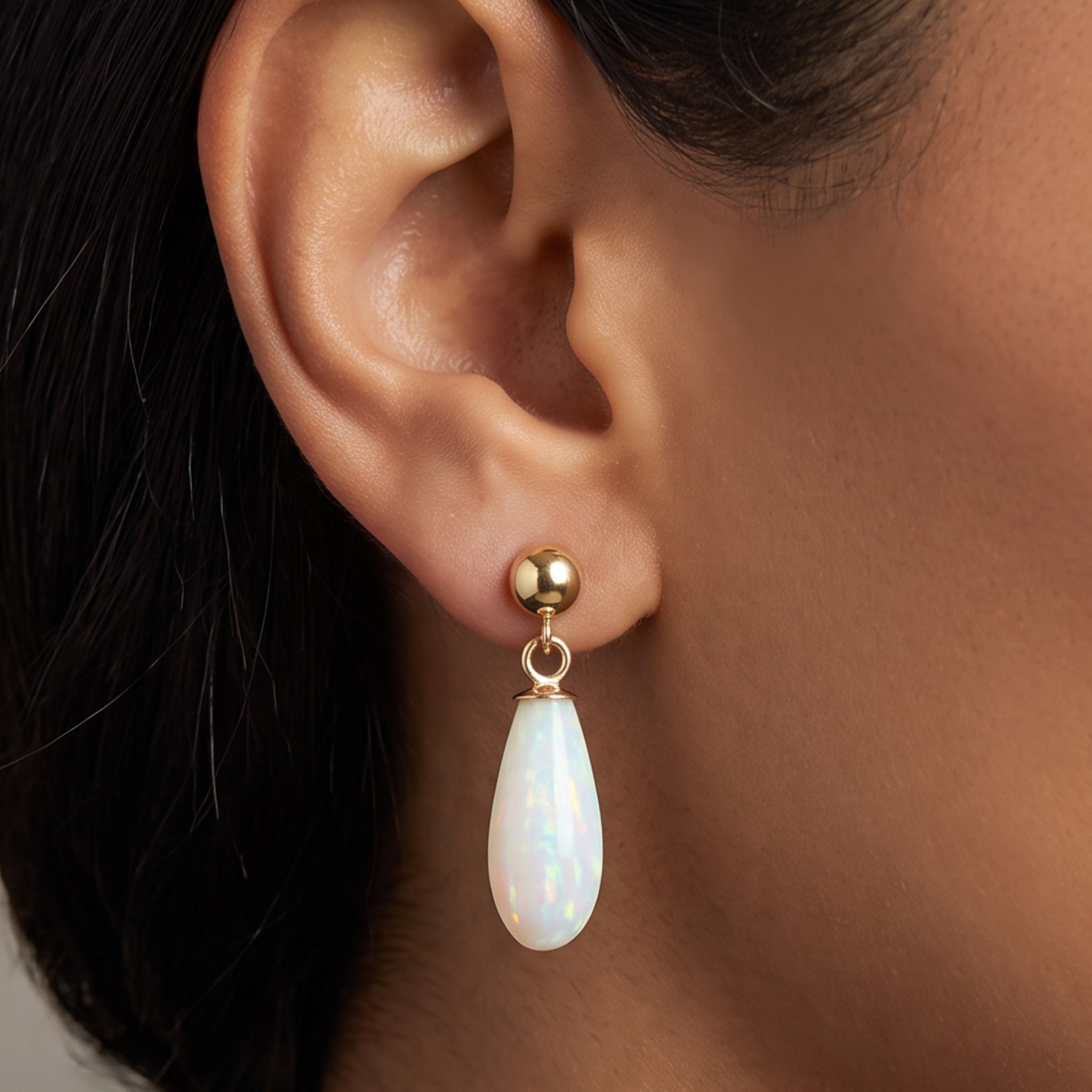 Pair of opal pendant stud earrings, stamped 375