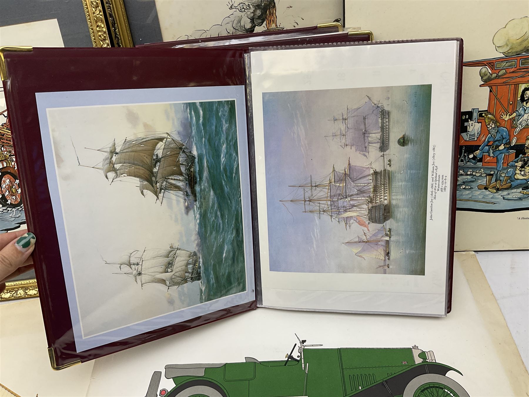 Set of four framed coloured prints humorous fire brigade related, after Chris Reynolds, together with Brooke bond picture cards, to include Asian wild life, the race into space, travel through the ages etc