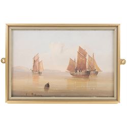 Edward King Redmore (British 1860-1941): Two Boat Scenes with Headlands, two oils on board, together with two further scenes of boats, max 17cm x 18.5cm (4) (one unframed)
