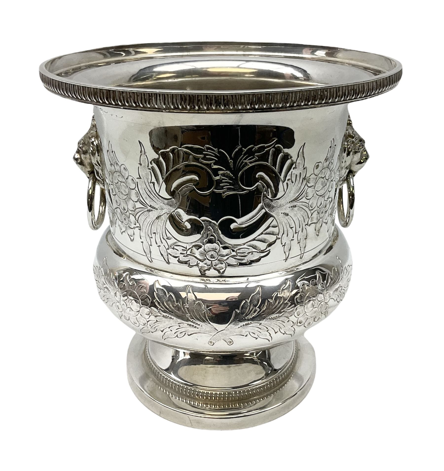 Silver plated Barker Ellis wine cooler of campagna form, the body of part fluted form with twin lion mask modelled handles, upon a circular foot, impressed mark beneath, H22.5cm 