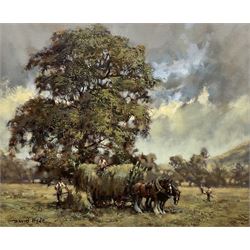 David Hyde (British 1949-): Harvest Scene with Shire Horses, oil on canvas signed 49cm x 59cm
