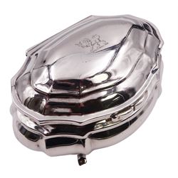 Edwardian silver tea caddy of bombe form, the hinged cover engraved with lion crest, upon four paw feet, hallmarked Goldsmiths & Silversmiths Co Ltd, London 1908, H8.5cm W10cm, approximate weight 5.25 ozt (163.2 grams)