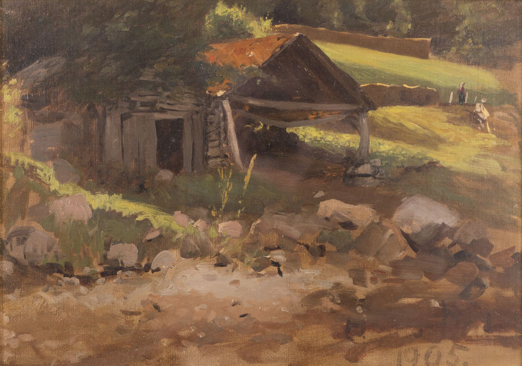 English School (19th/20th Century): Old Farmhouse, oil on canvas laid on board indistinctly signed and dated 1905, 28cm x 39cm