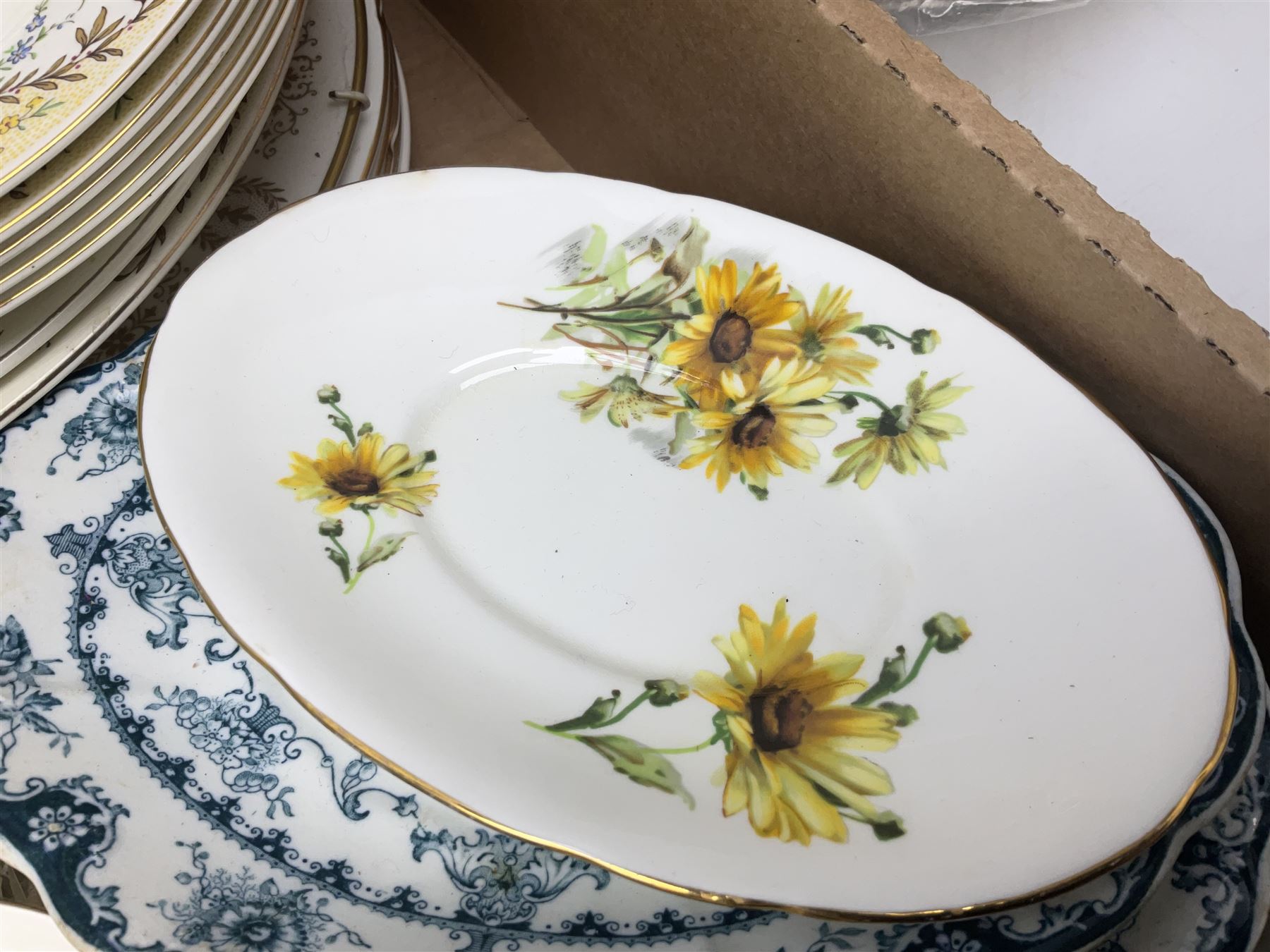 Collection of tea and dinner wares, to include Crown Clarence wares, two Maling cups and saucers, etc,  together with three Foley twin handled urns etc, in three boxes