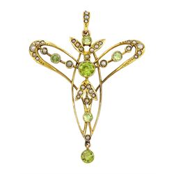 Edwardian Art Nouveau gold peridot and seed pearl pendant/brooch, stamped 9ct, boxed