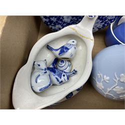 Quantity of Victorian and later blue and white ceramics to include oriental and Delft style examples, including lidded tureens, vases, lidded ginger jar, jugs, etc in two boxes