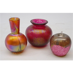  John Ditchfield for Glasform iridescent glass vase, signed to base, H12cm, iridescent glass Apple and Royal Brierley studio iridescent glass bulbous vase (3)  