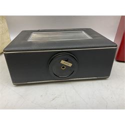 1950s Pye Type P43 cabinet radio in cream Bakelite case with orange knobs, W30cm H22cm D16cm, together with Ever Ready Sky Queen portable radio, Ekco portable radio in red case, Boxed Bush Special Edition 2002 Queens Golden Jubilee radio, Hacker Herald VHS radio (5)