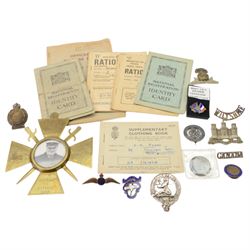 WWI silver and enamel 'Entente' flag pin badge, brass photograph frame in the form of a Fr...
