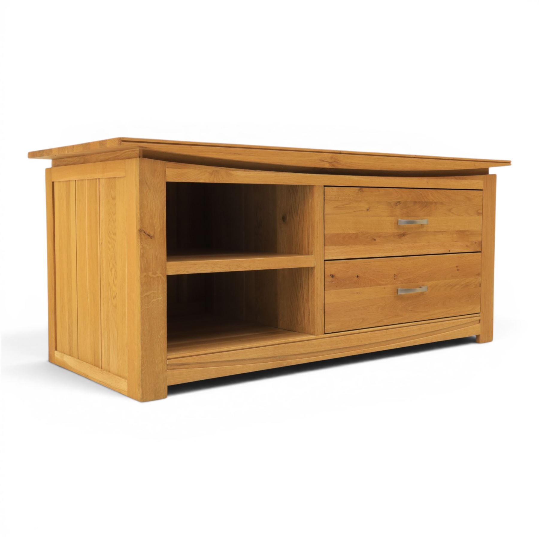 Contemporary light oak television or media unit, two drawers and two open shelves, with apertures for wires