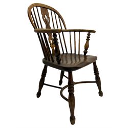 19th century ash and elm Windsor armchair, low stick back with shaped and pierced splat, on turned supports joined by crinoline stretchre