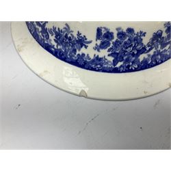 Mintons Genevese pattern wash bowl, jug and toothbrush holder, together with a similar Mintons blue and white soap dish, all decorated in the oriental style, all with printed marks beneath, largest D32cm