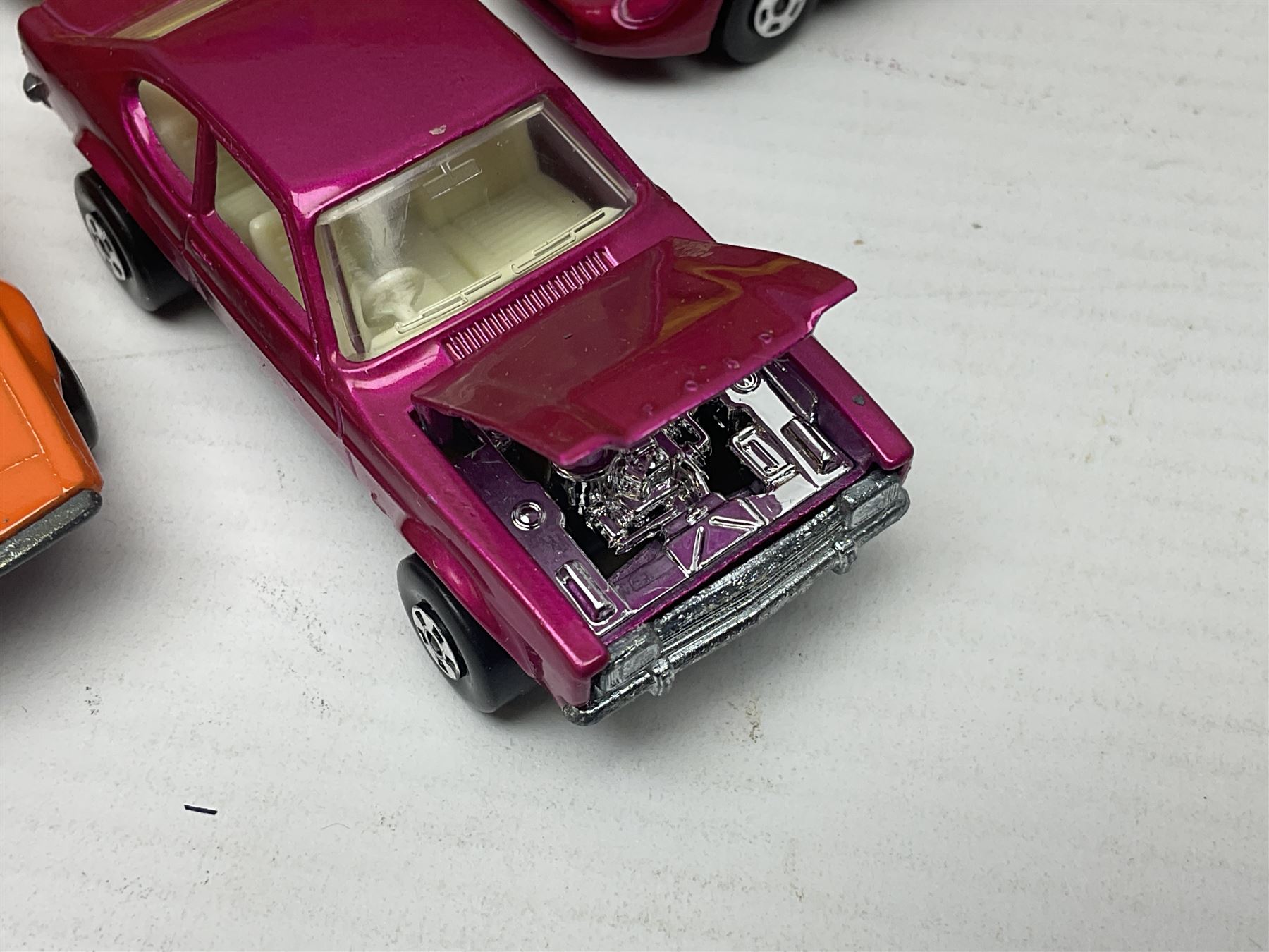 Matchbox 1-75 Series 'Superfast' ex-shop stock - eight models comprising 45c Ford Group 6, 52c Dodge Charge Mk.III, 53d Tanzara, 54c Ford Capri, 56c Pinifarina, 58d Woosh 'n' Push, 60c Lotus Super Seven and 62d Dragster; all boxed (8)