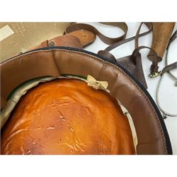British Army General Staff officer's peaked cap by Herbert Johnson London in Moss Bros. delivery box; two officer's Sam Browne leather belts; leather pistol holster and sword hanger; pair of leather gloves and pair of spurs