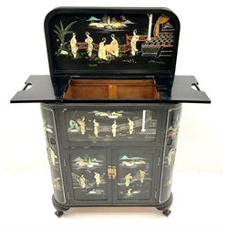 Hong Kong black lacquered cocktail cabinet with shibiyama style decoration of figures in a garden, hinged lid enclosing fitted interior, fall front, six cupboards, cabriole feet