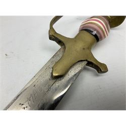 Early 20th century Indian ebonised sword stick, the 59.5cm blade with punched decoration and horn grip L94cm overall; and a reproduction Indian tulwar with scabbard (2)