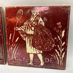 Pair of Maw & Co Benthall Works tiles, each depicting classical figures with fishing and shipping details, one inscribed Thames, the other Clyde, upon a red lustre ground, with raised marks verso, H15.2cm