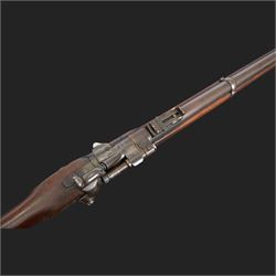 Snider-Enfield service rifle .577 calibre, barrel 33 in., tangent/ladder back sight, action marked with crowned V.R BSA & Co 1872, full stocked with two barrel bands, steel clearing rod, walnut stock marked Mx1 93 Birmingham, overall L124cm