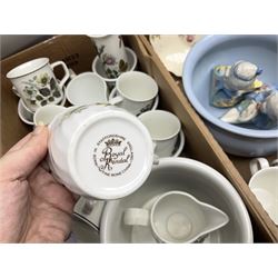 Large collection of ceramics to include God Speed the Plough loving cup, Denby, Coalport, Portmeirion, quantity of mugs etc in four boxes