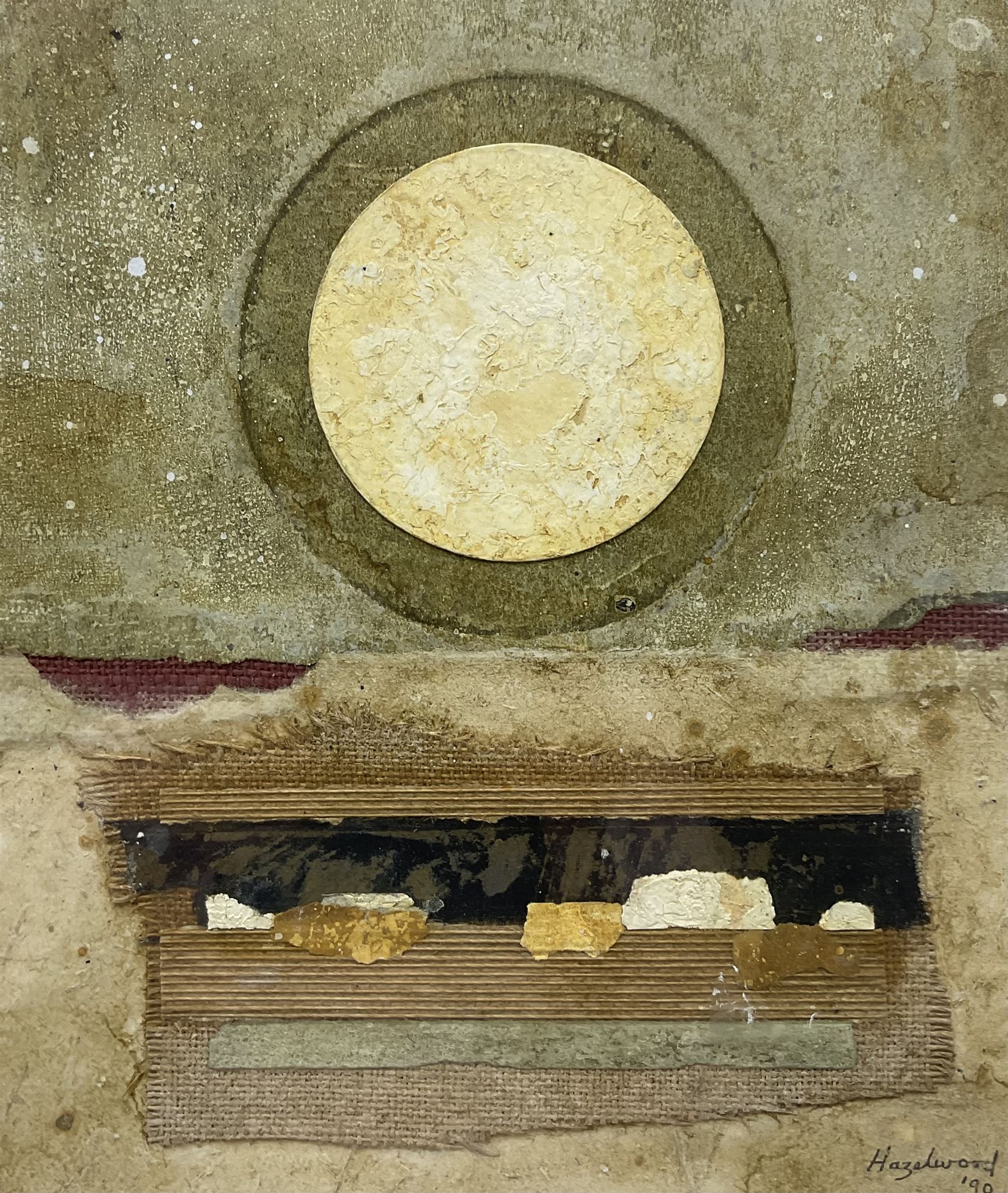 David Hazelwood (British 1932-1994): 'Pale Luminary', mixed media collage signed and dated '90, titled verso 34cm x 28cm 