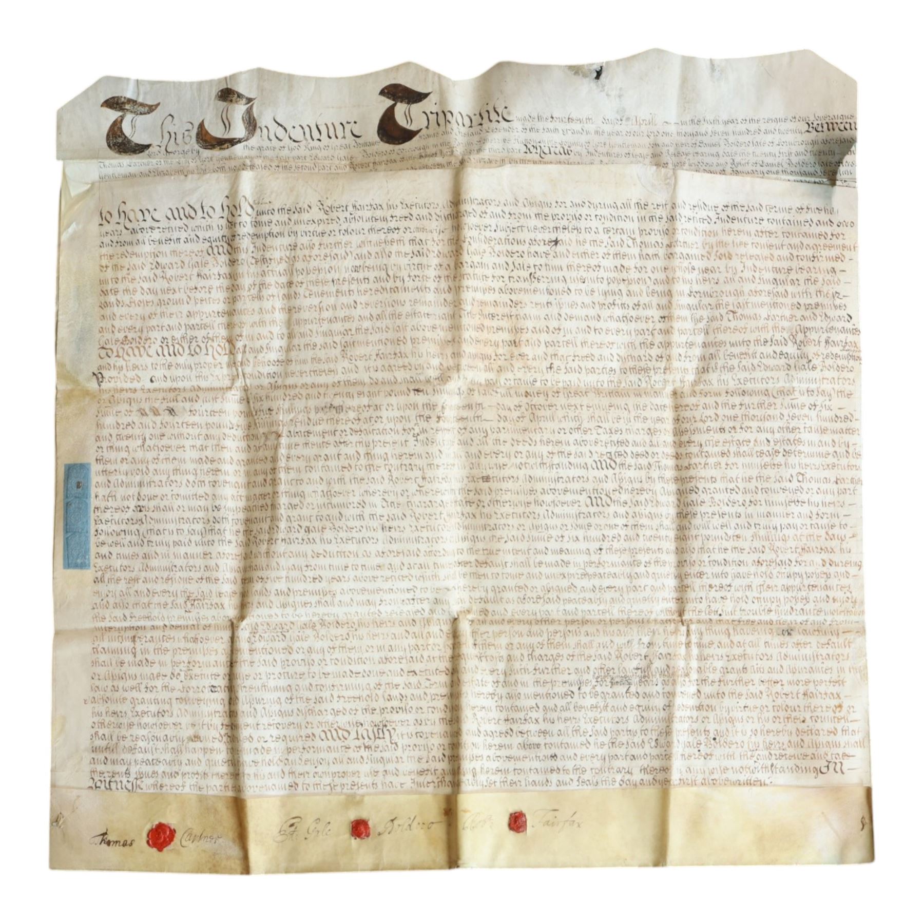 Boldero/Barnard family and Cave Castle estate interest - collection of 18th century vellum indentures and legal documents relating to the Boldero and Barnard families, including York city property in St Helen’s, Stonegate and Swinegate, the manor of Cornbrough in the parish of Sheriff Hutton, and later Henry Boldero Barnard of Cave Castle estate papers, with parties including Robert Fairfax, Jonathan Barnard, John Kilvington and John Lund, dated 1716-1786, with wax seals (approx. 15)