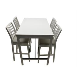 IKEA - 'Ekedalen' bistro set, rectangular table raised on chamfered supports (W121cm D80cm H106cm); and set four bar stools, stick back, in white finish