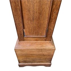 William Gostling of Diss  (Norfolk)-  Late 18th century 8-day oak longcase clock c1780-90, break arch top with scalloped cresting and three brass finials, glazed break arch hood door flanked by turned pilasters with brass capitals, trunk with a long trunk door and rounded top on a square plinth with an applied and shaped skirting, early painted Wilson of Birmingham dial with Roman numerals and five minute Arabic's, matching steel hands and second pointer, arched square ended calendar aperture with date disc behind, floral spandrels within gesso borders and a painted rocking automaton representing Mercury to the break arch, dial pinned via a false plate to a weight driven rack striking movement with a recoil anchor escapement, striking the hours on a cast bell. With pendulum weights and key. 
William Gostling (II) is recorded as working in Diss from 1774 to 1797, succeeded by widow Anne and son George . The dial of this clock is illustrated and discussed in detail in M.F. Tennants book 