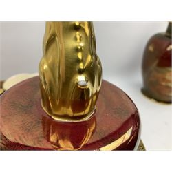 Two Crown Devon Rouge Royale pattern large temple jars with temple dog finial to lid, together with seven other Crown Devon ceramics and two lidded Carlton Ware temple jars in Red Royale, tallest example H47cm (11)