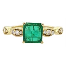 Gold single stone square cut emerald ring, with round brilliant cut diamond shoulders, stamped 14K, emerald approx 1.10 carat, total diamond weight approx 0.15 carat