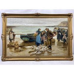 Robert Jobling (Staithes Group 1841-1923): 'A Good Catch' Cullercoats, oil on canvas signed 75cm x 121cm 
Provenance: private collection; with John Nicholson Fine Art, Newcastle, label verso