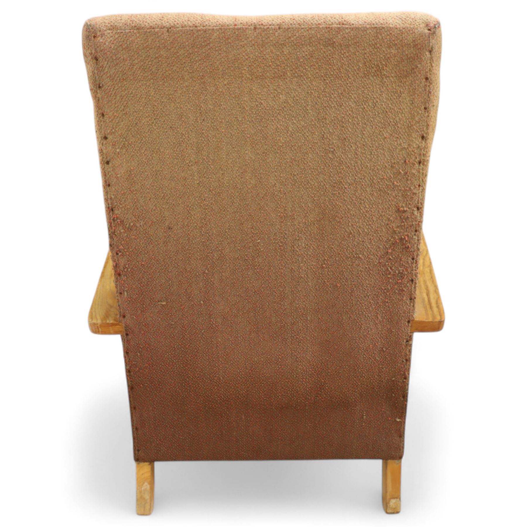  1930s Art Deco bentwood armchair, with sprung seat and arched laminated arms, upholstered in original pink-brown wool fabric, raised on square supports