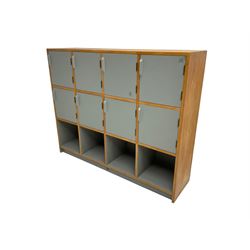 Esavian - mid-20th century school gym locker, fitted with eight cupboards and four open compartments