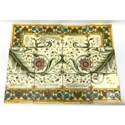 Twelve Minton Art Nouveau tiles, decorated with acanthous leaves, purple flowers, and tendrils, impressed beneath Minton's China Works Stoke on Trent England, approximately H5.5cm L5.5cm D1.5cm.