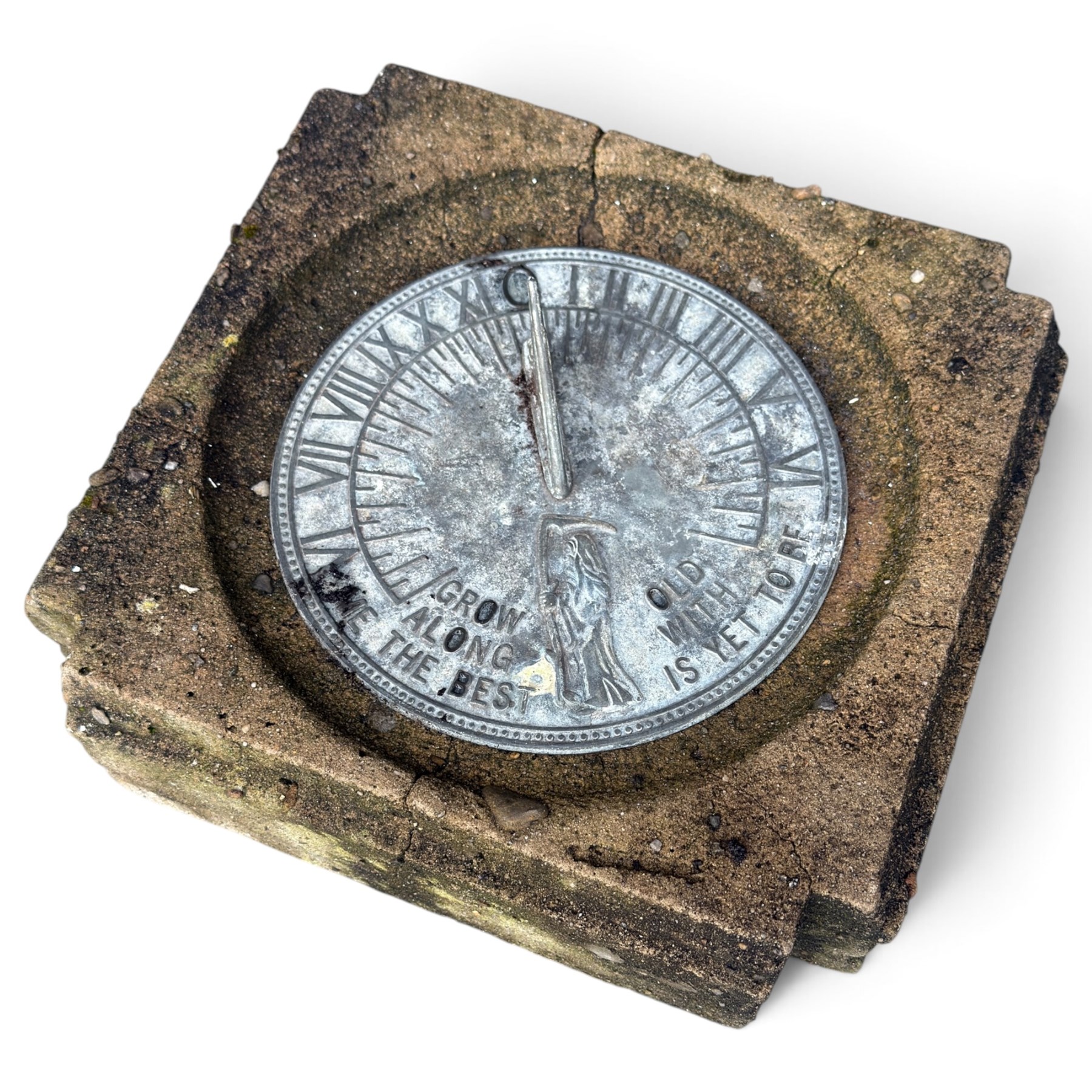 Weathered cast stone birdbath, circular bowl over a lobed baluster pedestal on circular base; weathered cast stone sundial of squared form with re-entrant corners and removable metal sundial with personified death motif