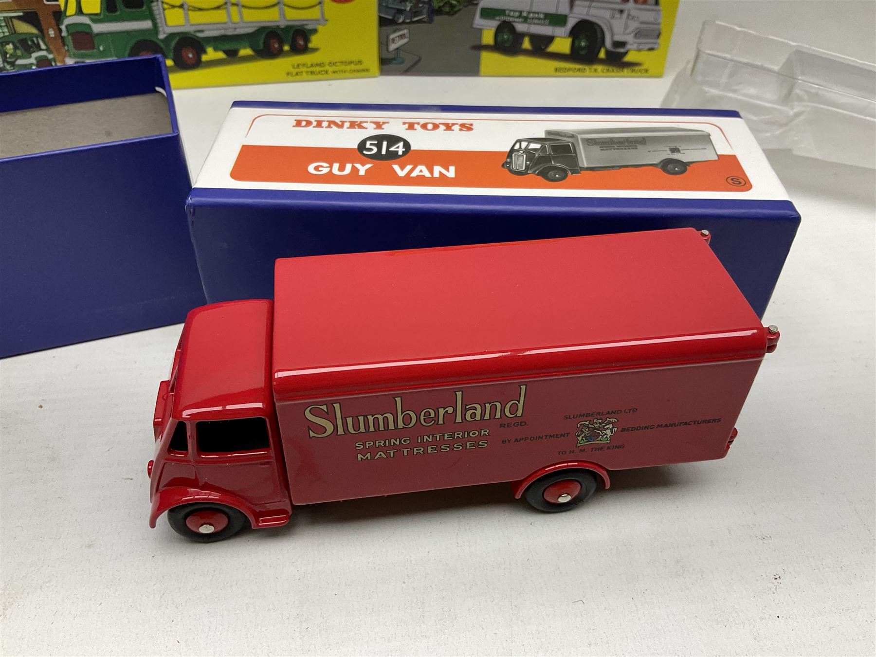 Eight Atlas Dinky die-cast models including, Bedford TK Coal Lorry no. 425, Guy Warrior Flat Truck no. 432, two Guy Van no. 514 and four others, all boxed (8)