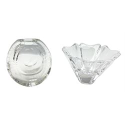 Two Orrefors Art Glass clear glass vases, the first example of compressed circular form, the second of tapering form with lobed rim, each signed beneath, tallest H14.5cm