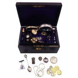 Victorian and later gold jewellery including amethyst brooch, pearl stud earrings, cameo ring, stone set cluster ring, diamond stick pin, cameo brooch, cross pendant etc. and a collection of silver, silver jewellery, costume jewellery and coins in leather jewellery box 