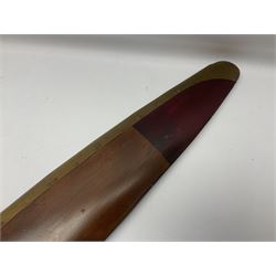 British World War II era laminated wooden four-bladed generator propeller, late 1930s-40s, used to power a drogue winch used by a target tug aircraft; marked with DRG drawing number T29505-2-4 N760 on the hub and impressed circle mark 'P.M.P.W. 1'; light weight four plank mahogany laminate with 9.5cm diameter metal plates mounted to front and rear faces of hub for 15mm shaft; one plate marked T29504-2/198 D91cm; together with a modern reproduction brass edged mahogany two-blade propellor L