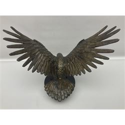 Bronze eagle, modelled in a standing position with wings spread, raised on a black veined marble circular plinth base, H29cm